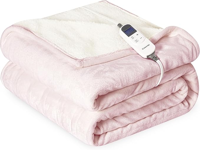 Heat Blanket 50”x60” Throw,Soft Flannel & Sherpa Reversible Electric Blanket with 10 Heat Settings,12 Timer Setting and 3 Hours Auto-Shut Off,ETL Certified Machine Washable,Pink