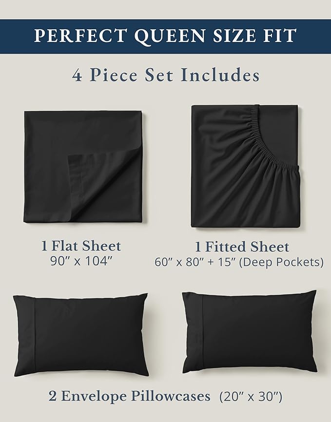 LANE LINEN 100% Organic Cotton Queen Size Sheets Set, Machine Wash Fully Elasticized Naturally Cooling Percale Weave Queen Size Deep Pocket Sheet Sets, Low Pill Eco Friendly Bed Sheets- Black