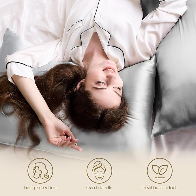 ZIMASILK 100% Pure Mulberry Silk Pillowcase 2 Pack, Soft and Smooth,Both Sides Premium Grade 6A Silk,600 Thread Count,with Hidden Zipper (Queen 20''x30'',Grey)