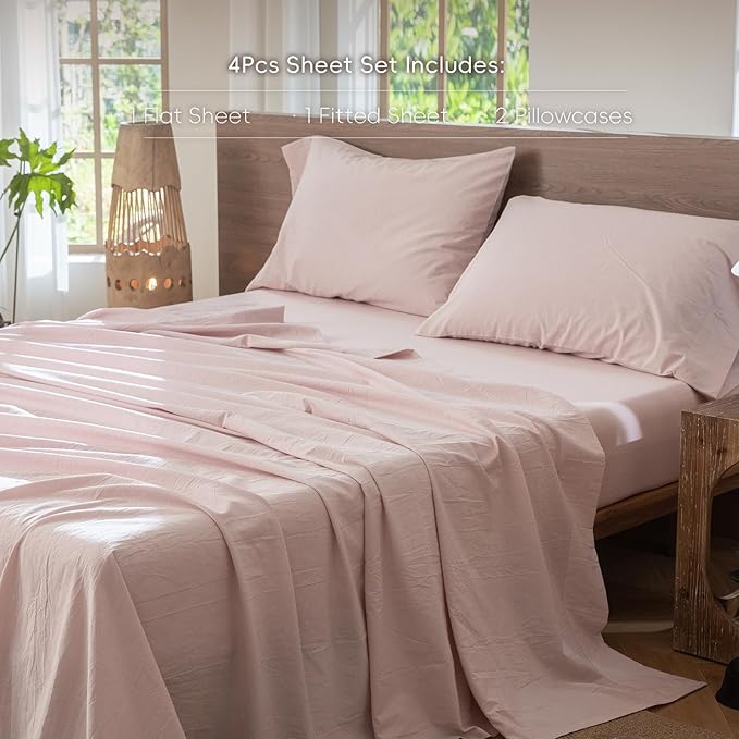 MooMee Bedding Sheet Set 100% Cotton Like Textured Breathable Durable Soft Comfy (Heathered Greyish Pink, Queen)