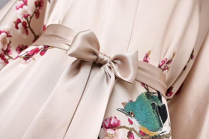 Women's Silk Kimono Robe Long Bathrobe Nightgown 100% Mulberry Silk for Women - Classic Floral Pattern