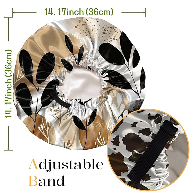 2 PCS Bonnets for Women Girls Satin Hair Bonnet Silk Adjustable Elastic Double Layer Hair Wrap Sleep Cap Comfort Cute-Cowhide Leaf