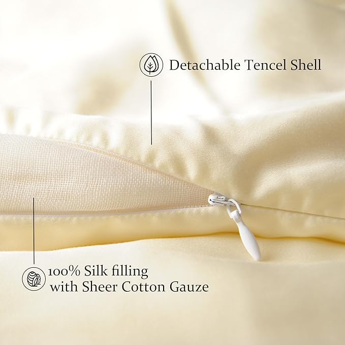 CUDDLE DREAMS Lightweight Silk Filled Comforter for Summer, Detachable Tencel Duvet Cover for Easy Care, Naturally Breathable (Ivory, Queen)