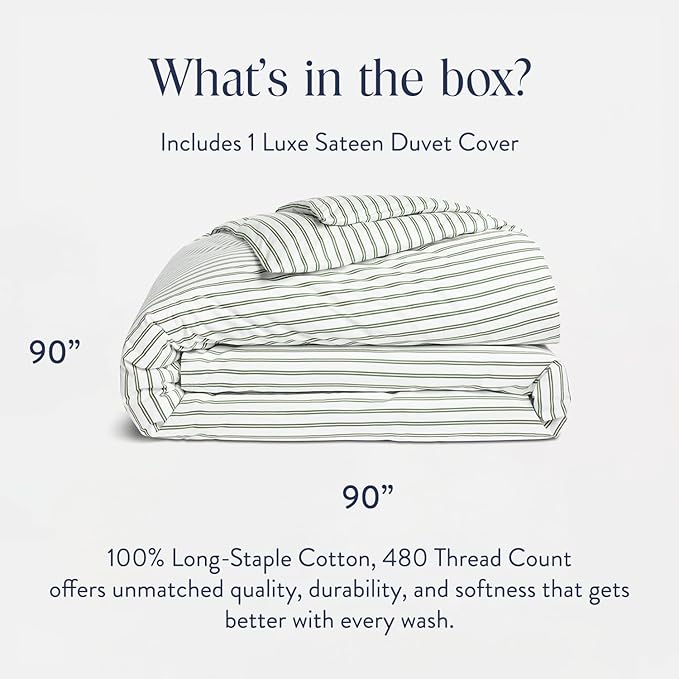 Brooklinen Luxury Sateen Duvet Cover - 100% Cotton, Full/Queen Size in Green Tandem Stripe with Extra-Long Corner Ties and Button Closure - Best Full/Queen Duvet Covers