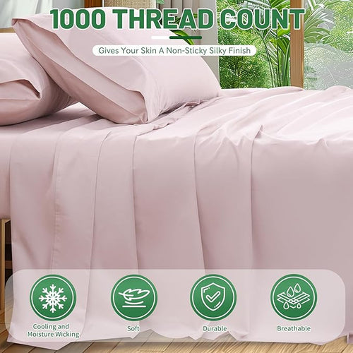 100% Egyptian Cotton Sheets Cal King Sheet Set 1000 Thread Count Sateen Weave Soft Breathable 16-Inch Deep Pocket 4PCS（California King,Light Pink）