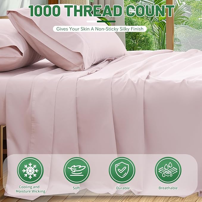 Egyptian Cotton Sheets Full Size 1000 Thread Count Sateen Weave Soft Breathable 16-Inch Deep Pocket 4PCS（Full,Light Pink）