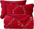 vctops 3-Piece Christmas Red Floral Embroidered Bedspread Coverlet Set 100% Cotton Reversible Patchwork 1 Quilt and 2 Pillow Shams Full/Queen, Red