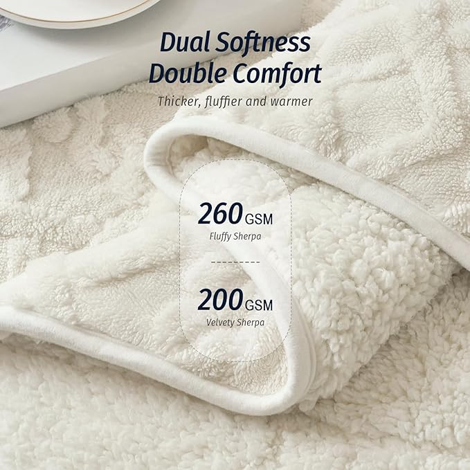 Wemore Weighted Blanket for Adults Twin Size 15 lbs, Dual Sided Soft Fuzzy Jacquard Sherpa Weighted Blankets for Sleeping, Cozy Fluffy Knitted Heavy Blanket for Couch Bed, Cream White, 48 x 72 inches