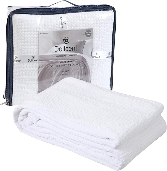 DOLLCENT 100% Cotton Twin Size Blanket for Bed, Premium Soft Combed Lightweight Blankets, Washed Breathable Cozy Bed Throw Blanket, White Twin Cotton Blankets for All Season: White (66"x90")