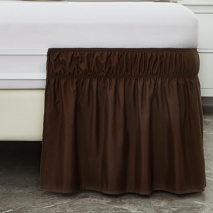 MEILA Wrap Around Bed Skirt Three Fabric Sides Elastic Dust Ruffled 24 Inch Tailored Drop,Easy to Install Fade Resistant-Brown, Queen/King