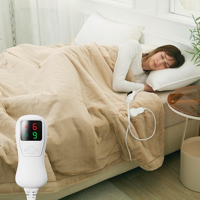 Heated Blanket Electric Blanket Twin Size, Faux Fur Heat Blanket, Super Soft Cozy Heating Blanket with 9 Heating Levels & 1-9 Hours Auto Off, Fast Heating & Overheat Protection, 62" x 84", Beige