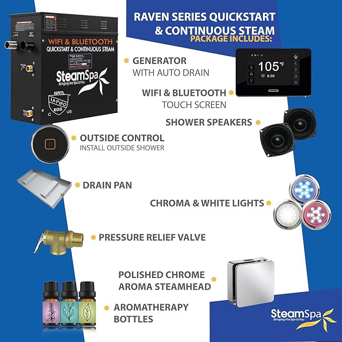 SteamSpa Steam System 4.5kW Steam Shower Generator with Bluetooth Wifi, Quickstart Continous Steam, Advanced Touch Pad Screen, Chroma Lights, Drain Pan and Auto Drain Chrome RVBS450CH-A
