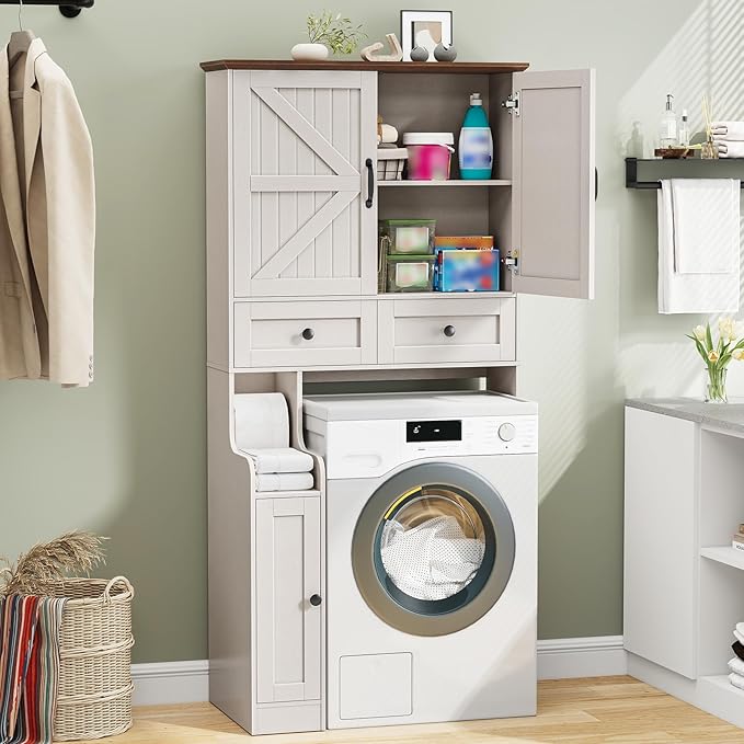 Over The Toilet Storage Cabinet, Storage Cabinet Over Toilet with Double Doors & Toilet Paper Holder Stand, Freestanding Toilet Shelf Space Saver with Anti-Tip Design & Adjustable Shelf, White