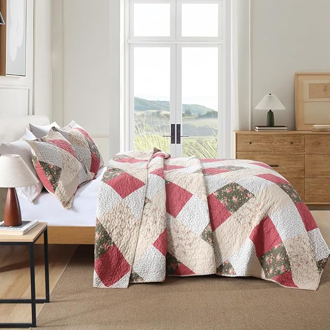 ENASAL Cotton Bedspread Quilt Bedding Sets Reversible Coverlet Sets Comforters Rose Floral Purple White Patchwork Pattern Bedspread for All Season, Queen Size