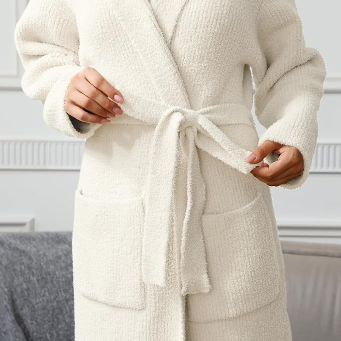 MH MYLUNE HOME Ultra Soft Robe With Pockets, Spa Bathrobe Loungewear Calf-Length, Plush Fuzzy Fluffy Wrap Robe for Women