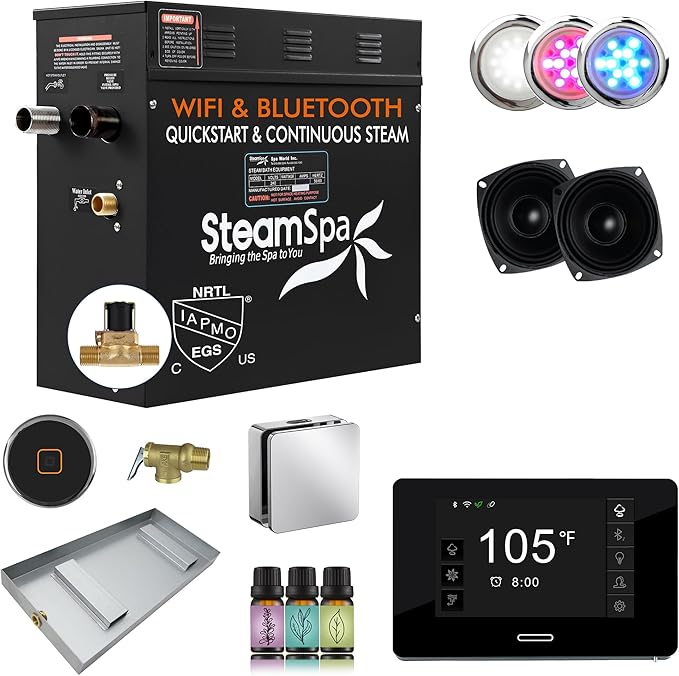 SteamSpa Steam System 6kW Steam Shower Generator with Bluetooth Wifi, Quickstart Continous Steam, Advanced Touch Pad Screen, Chroma Lights, Drain Pan and Auto Drain Chrome RVBS600CH-A