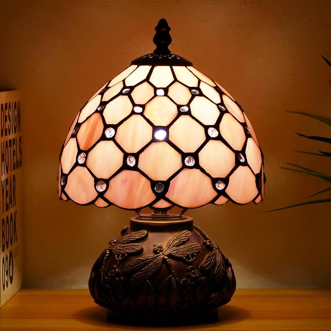 Small Tiffany Lamp Mini Stained Glass Table Lamp Pink Pearl Style Mushroom Accent Lamp 8X11 Inch