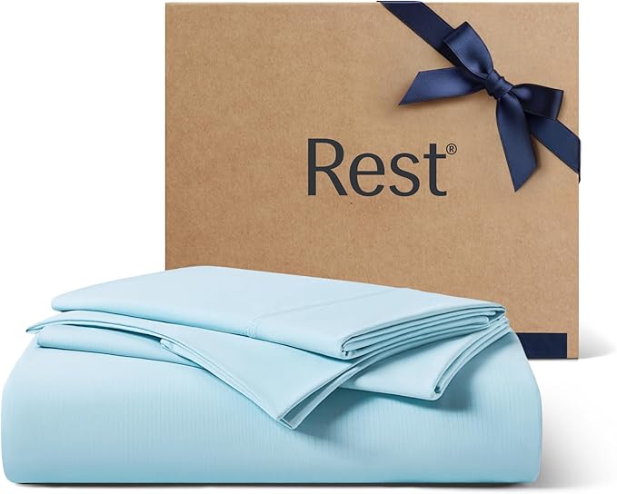 REST Evercool+ Cooling Starter Sheet Set of 1 Cali King Fitted 15’’ deep (Stretched to 18’’) and 2 King-Size Pillowcases 30''x20'',Silver Ion Infused Beddings for Hot Sleepers,Light Blue