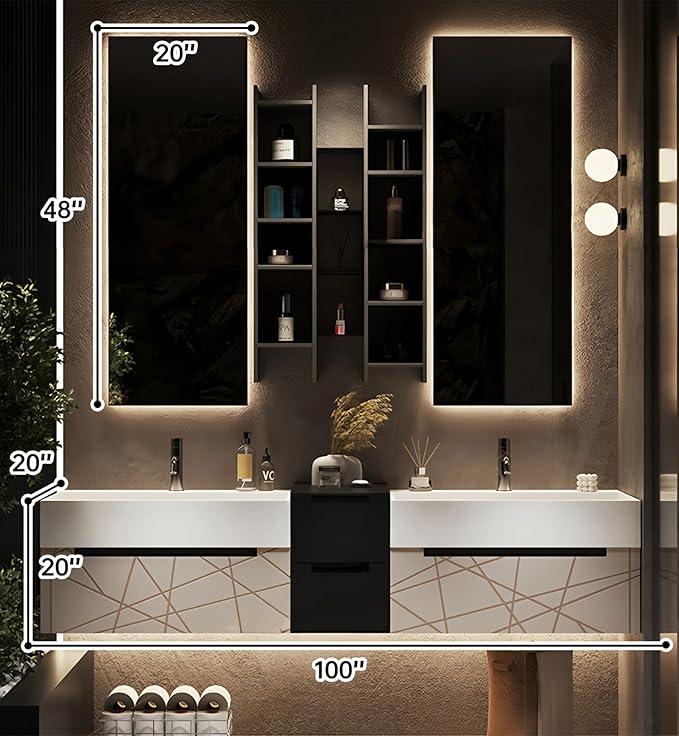 Double Bathroom Vanity with Sink, Floating Modern Bathroom Vanity Set Includes LED Smart Defogging Mirror and Open Storage Wall Cabinet, Solid Wood Bathroom Cabinet with Large Drawer (Apricot, 100")