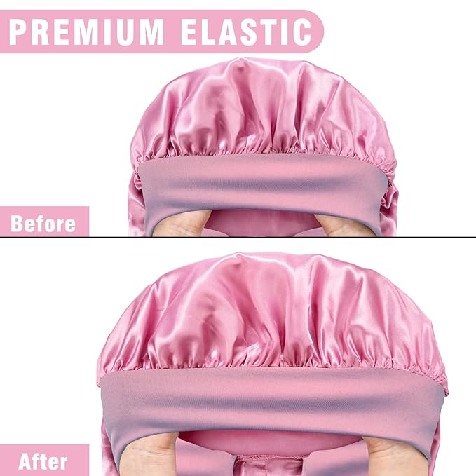 3Pcs Bonnets for Black Women Braid Bonnet, Large Long Satin Bonnet for Braids, Black Women Satin Silk Bonnet with Stretchy Tie Band Sleep Bonnet Cap for Long Curly Hair (Black & Dark Blue & Rose Pink)