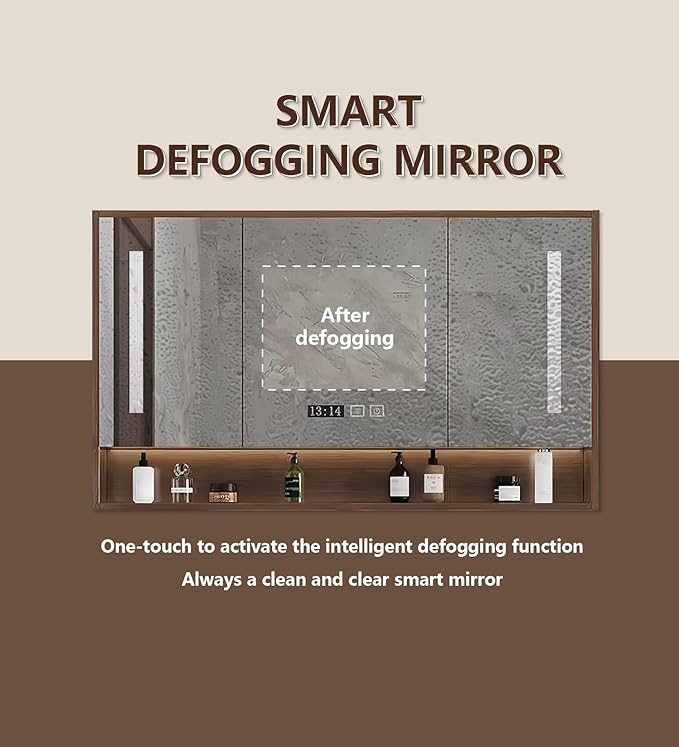 Bathroom Sink Vanity 76Inch, Floating Bathroom Vanity with LED Smart Defogging Mirror Cabinet and Open Shelf, Multi-Layer Solid Wood Bathroom Furniture Cabinet, Wall Mount Installation (Walnut)