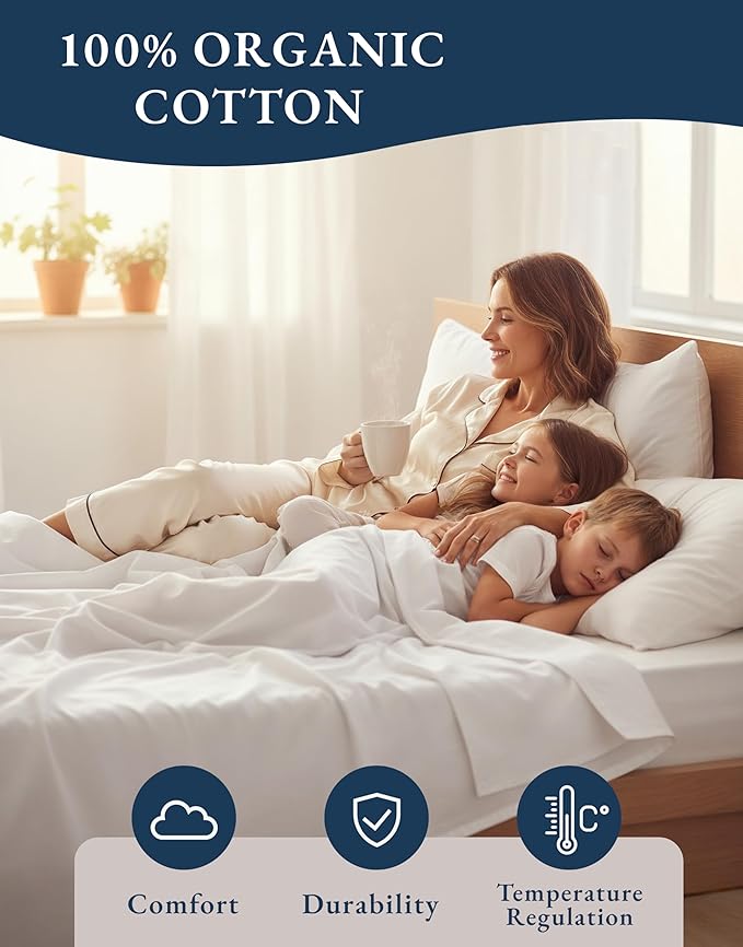 LANE LINEN 100% Organic Mercerized Cotton Pre Washed Full Size Bed Sheets, Soft & Comfy Low Pill Fade Resistance Fully Elasticized Oeko Tex Certified 15" Deep Pocket Full Sheet Set - White