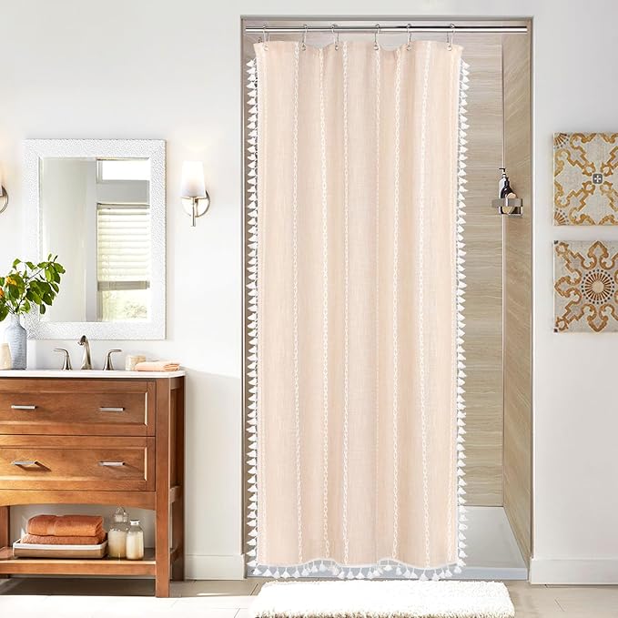 MitoVilla Beige Boho Small Stall Fabric Shower Curtain 36 x 72, Cream Half Size Narrow Polyester Linen Tassel Cloth Shower Curtains for Chic Modern Farmhouse Country Bathroom Decor