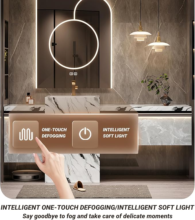 Single Sink Freestanding Bath Vanity, Modern Bath Vanity with LED Smart Mirror, 52IN Solid Wood Floating Bathroom Sink Cabinet with Marble Slate Top and Large Storage Drawer