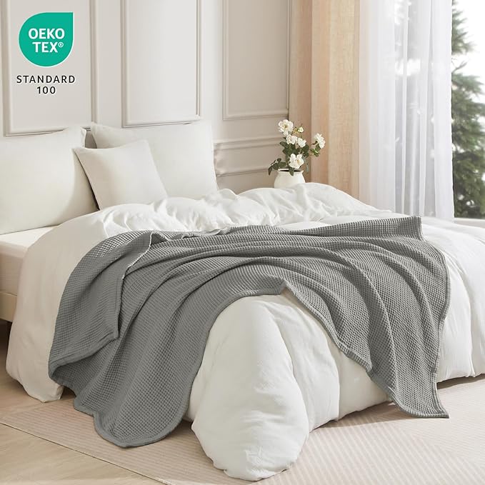 PHF 100% Cotton Waffle & Muslin Throw Blanket Large, Soft Breathable Luxury 400GSM Versatile Reversible Bedding for Couch, Great for Layering in Cold Weather, Home Decor Gift, 50" x 70", Frosted Grey