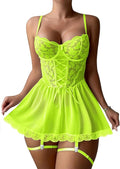 Lilosy Sexy Garter Belt Mesh Lace Babydoll Lingerie Dress Set with Thong
