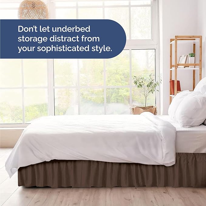 Wrap Around Dust Ruffle Bed Skirt - Brown - for King Size Beds with 18 Inch Drop - Easy Fit Elastic Strap - Adjustable Pleated Bedskirt w/Brushed Fabric - Wrinkle Free - for Women, Men, Kids & Teens