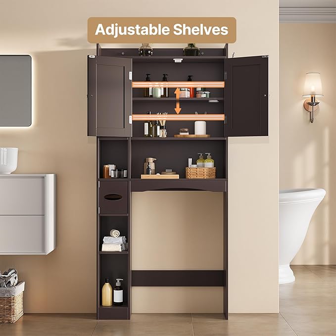 Gizoon Over The Toilet Storage Cabinet, Over Toilet Bathroom Organizer with Adjustable Shelves and 2 Doors, Over Toilet Storage Cabinet with Paper Holder, 2 Side Hooks, Space-Saver, Dark Brown