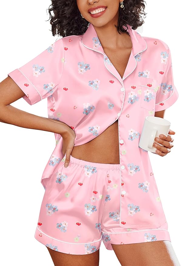 Ekouaer Pajamas for Women Set Silk Satin Pjs Shorts Sleepwear 2 Piece Loungewear S-XXL