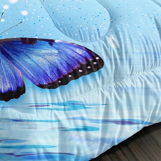 Fantasy Blue Themed Aesthetic Bedding Queen Comforter Set,Butterflies on Water with Falling Flowers Comforter Sets for Kids Girls Boys,Pretty Butterfly Pattern Bedding Sets with 2 Pillowcases.
