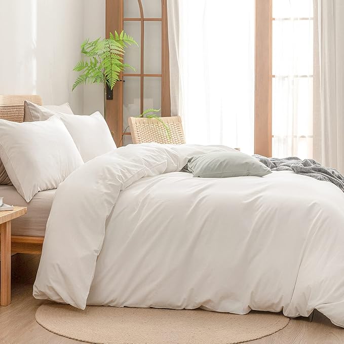 BESTOUCH Duvet Cover Set 100% Washed Cotton Linen Feel Super Soft Comfortable Chic Lightweight 3 PCs Home Bedding Set Solid Off White Cal King