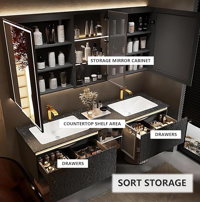 76" Double Bathroom Sink Vanity, Modern Bathroom Vanity Includes LED Smart Defogging Mirror Cabinet & Semi-Open Storage & Ceramic Basin, Floating Bathroom Cabinet with Sensor Light (Dark Brown)