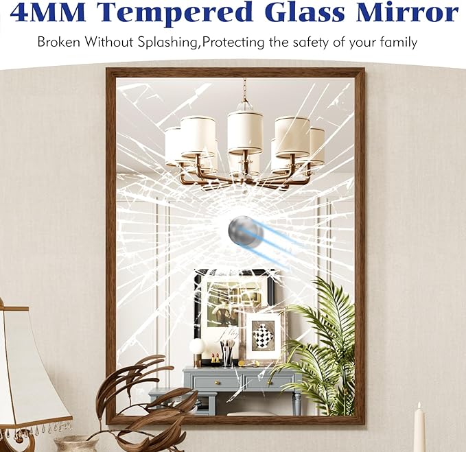 Rectangle Walnut Bathroom Mirror 60x36 Inch, Anti-Rust 4MM Tempered Glass, Modern Vanity Mirror for Bathroom, Horizontal or Vertical Wall Mount