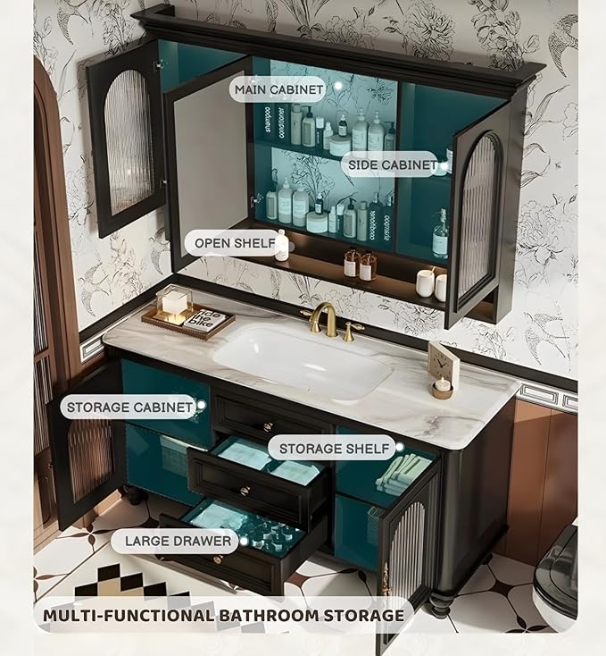 Freestanding Bathroom Vanity with Sink, Solid Wood Bathroom Vanity Set, Vintage Bathroom Vanities with Large Capacity Storage Cabinet and Open Shelf, Elegant Vanities (White,68")
