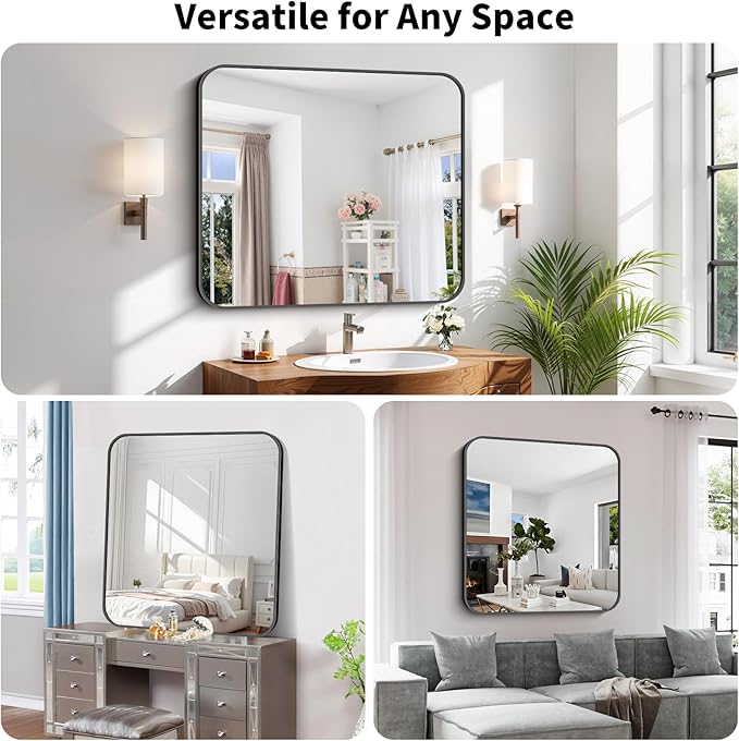 Koonmi Black Framed Bathroom Mirror - 36x40 Inch Shatterproof Tempered Glass Vanity Mirror for Bathroom Sink, Wall Mounted with Matte Aluminum Alloy Frame, No Distortion, Modern Decor