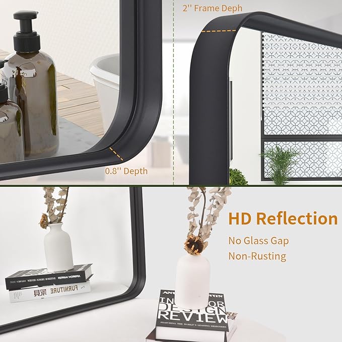 VooBang Bathroom Mirror 30x40 inch, Black Gorgeous Deep Frame Wall Mirror, Modern Round Corner Bathroom Vanity Mirror for Bedroom, Living Room, Hanging or Leaning Horizontal or Vertical, Black