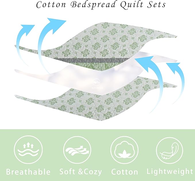 Quilts Queen Size, Cotton Comforter Set, Sage Green Bedding Queen Size, Farmhouse Striped Bedspreads, Lightweight All Seasons 3 Piece