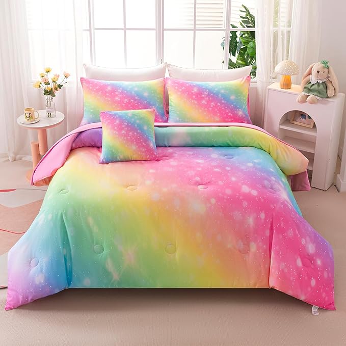 4Pcs Full Size Comforter Set for Girls Kids, Gradient Colorful Rainbow Girls Bedding Set Full with Sheets, Soft & Breathable Kids Bed for Gift Bedroom Decor