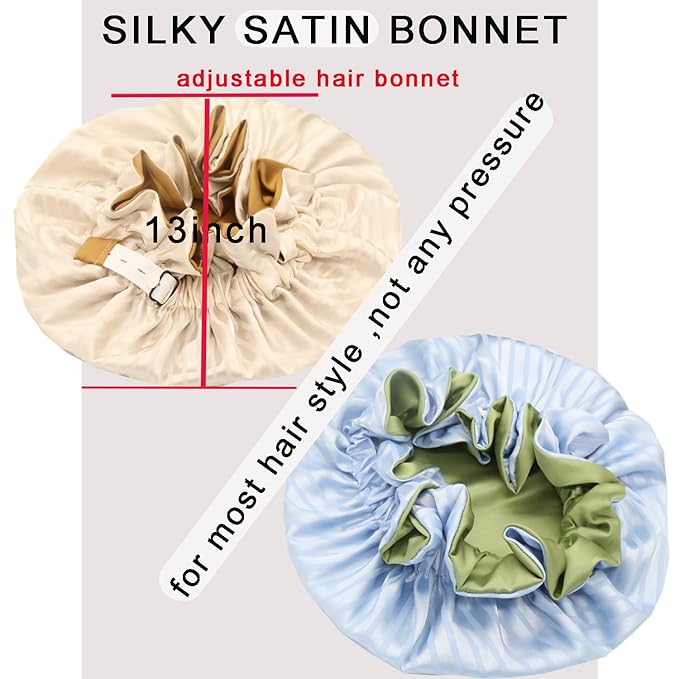 Satin bonnet 2PCS silk hair bonnet cap for women reversible for sleeping Adjustable Night sleep cap for curly natural hair double-layer and Washable Can Be Used Shower (Apricot &Blue stripe)