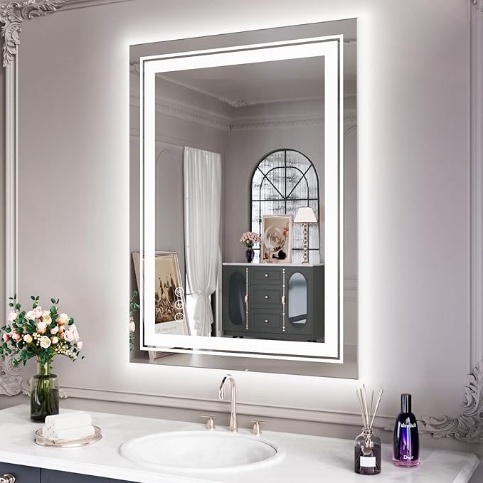 20x28 LED Bathroom Mirror with Lights, Front and Backlit, Anti-Fog Lighted Vanity Mirror, Stepless Dimmable, 3 Colors LED Mirror, Memory Function, Tempered Glass (Horizontal/Vertical)