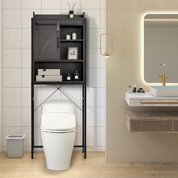 Giantex Over The Toilet Storage Cabinet - Freestanding Bathroom Organizer Rack with Adjustable Shelf, Sliding Barn Door, Paper Holder, Bathroom Space Saver, Above Toilet Storage Cabinet (Espresso)