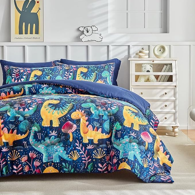Wajade 7 Piece Dinosaur Comforter Set for Boys 3D Blue Dinosaur Print Bedding Set for Kids Teens Bed in A Bag Queen Size (1 Comforter, 1 Flat Sheet, 1 Fitted Sheet, 2 Pillowcase and 2 Pillow Sham)
