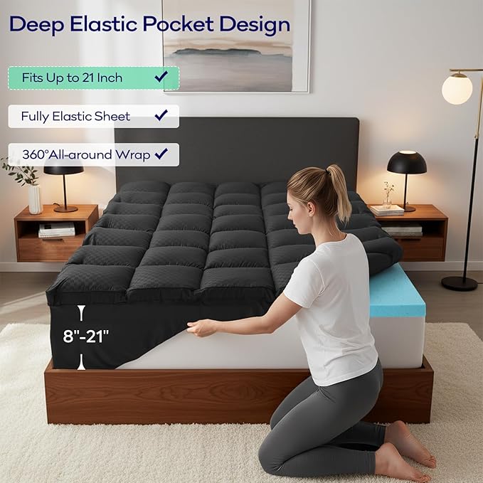 OLANLY Dual-Layer 4 Inch Cal King Size Memory Foam Mattress Topper for Back Pain, 2 Inch Cooling Pillow Top Mattress Pad Cover and 2 Inch Gel Memory Foam Topper, Deep Elastic Pocket, Black