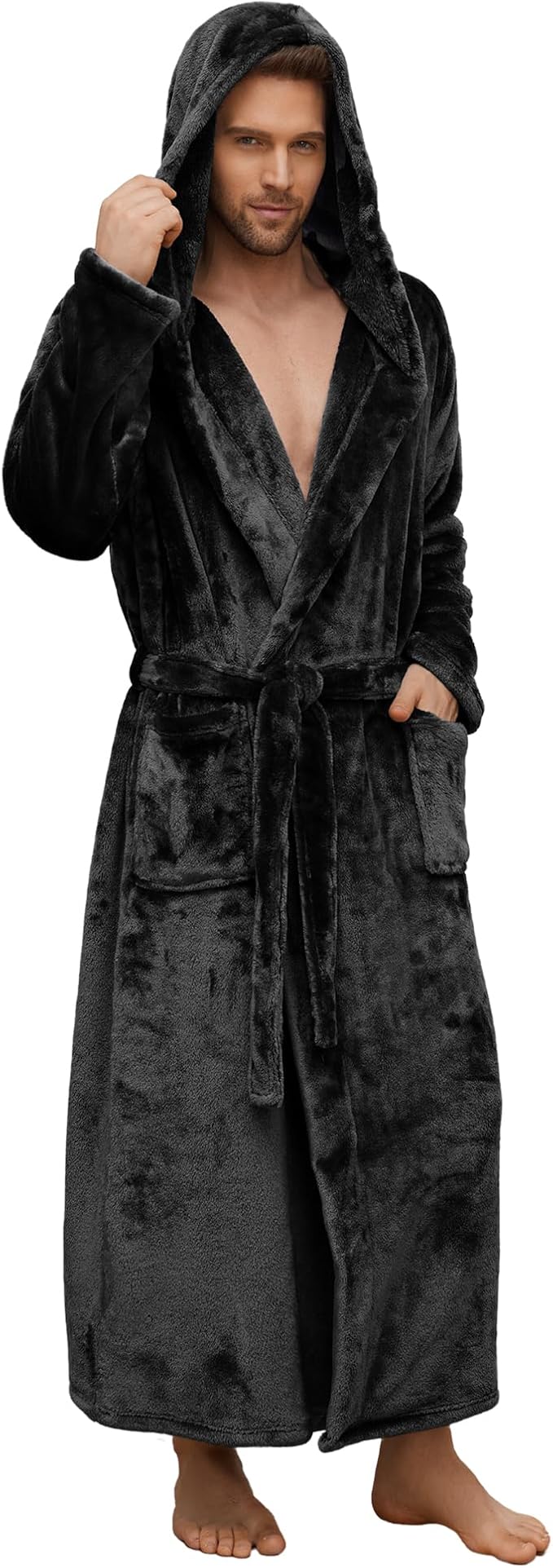 U2SKIIN Mens Robe with Hooded, Full Length Thickened Plush Robe Big and Tall Bathrobe