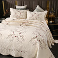 Quilt Set Floral Leaves 3D Embroidery Pattern 2 PCS Cotton Reversible Quilted Embroidered Decorative Bedspreads Coverlet Set, Lightweight &Soft Queen Size Beige Bedding Coverlet for All Season
