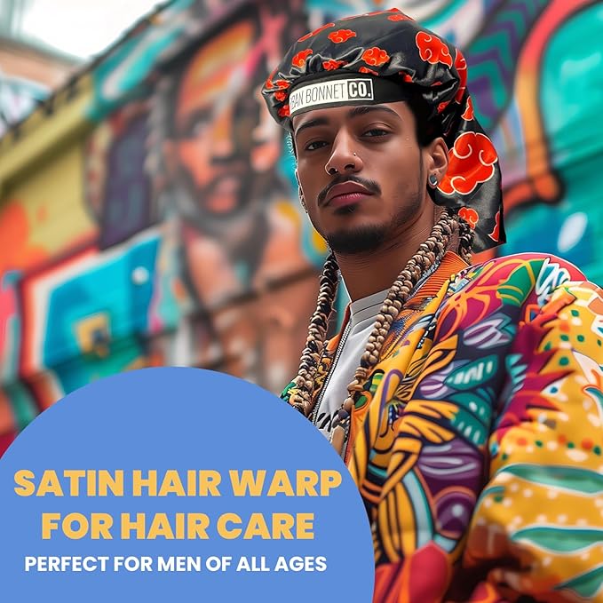 Premium Non Slip Satin Hair Bonnet for Men Curly Hair, Dreadlock Loc Cap Silk Bonnet Double Layer Sleeping & Shower Wrap Anime Bonnet Soft Band (Jet Black)